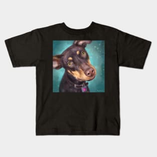 Painting of a Cute Brown an Gold Doberman Pinscher Puppy on Blue Green Background Kids T-Shirt